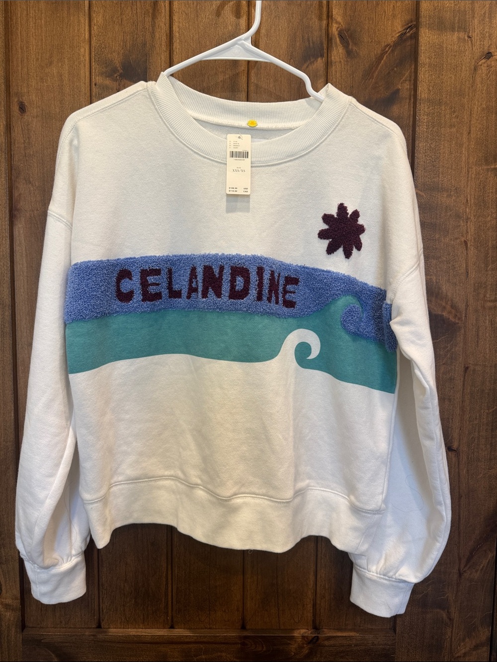 NWT Anthropologie Celandine White Crewneck Sweater with Aqua Wave